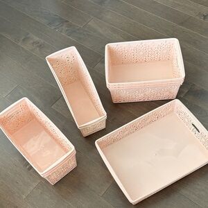 Pink Storage Basket Set, Lace Detail Plastic Tote Organization Home Decor Pastel